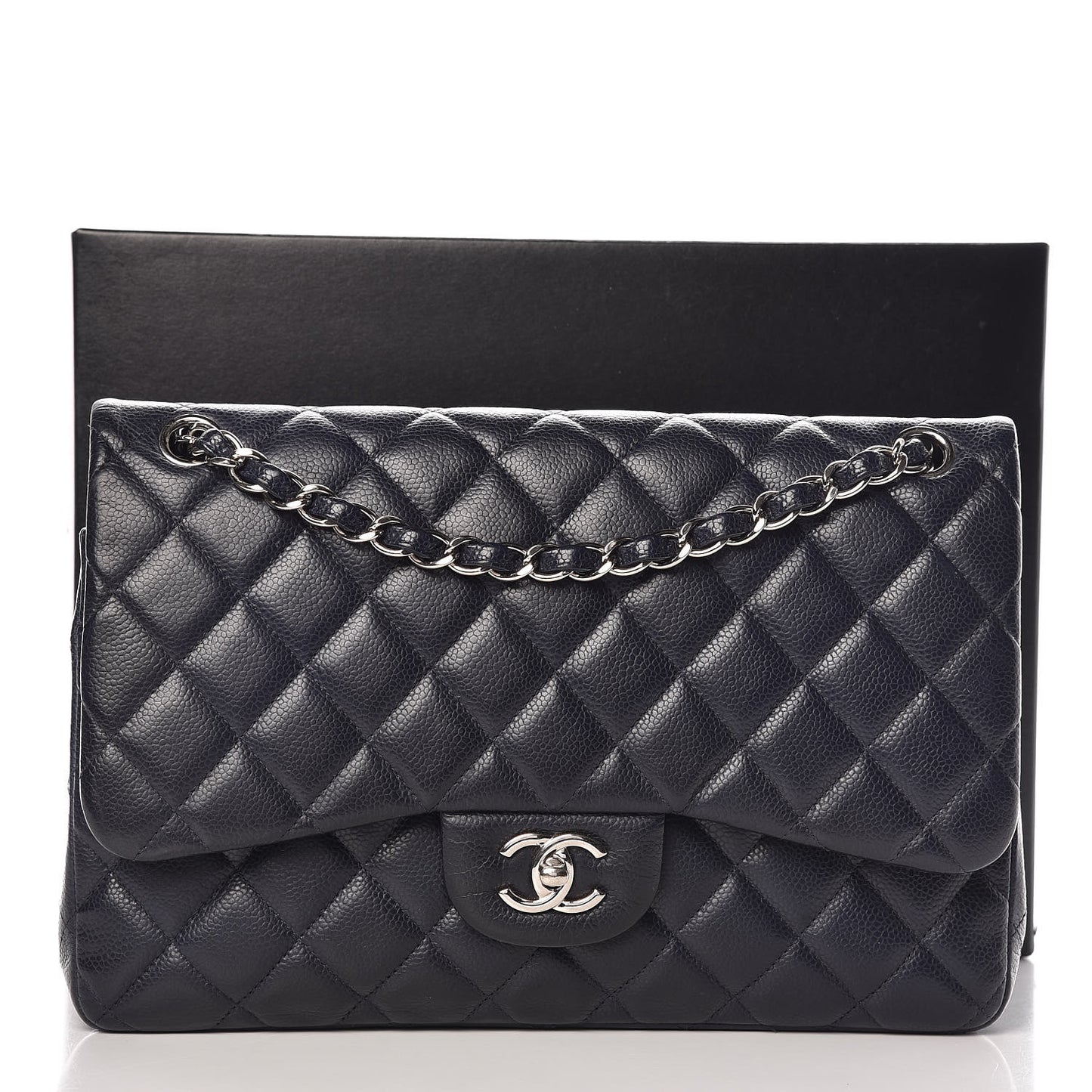 Caviar Quilted Jumbo Double Flap Navy Blue