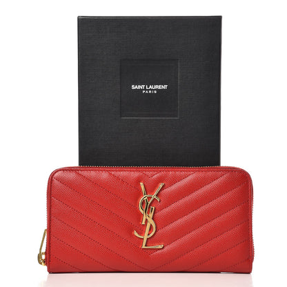 Saint Laurent Grain De Poudre Matelasse Chevron Monogram Zip Around Wallet Red 7 of 7