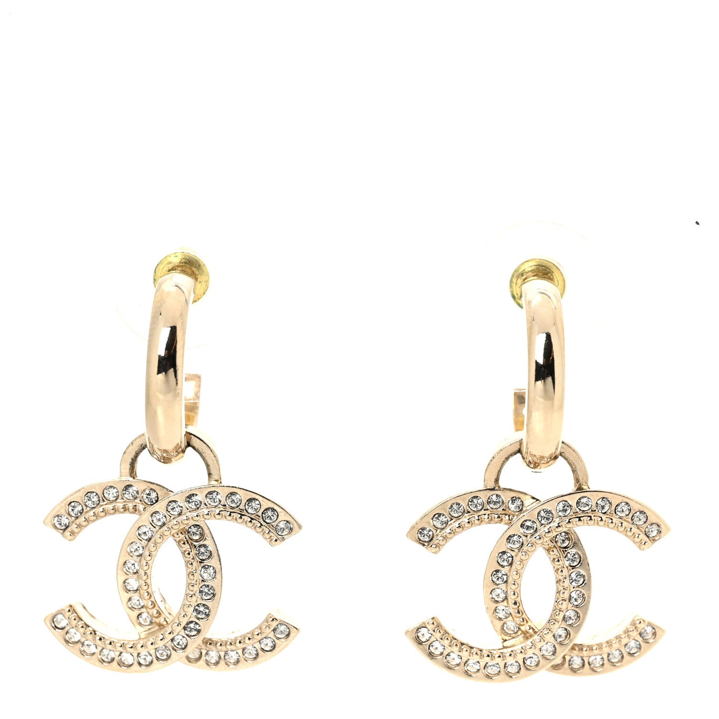 Metal Crystal Studded CC Hoop Drop Earrings Gold