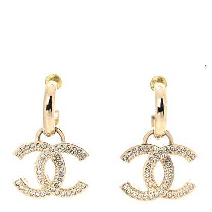 Chanel Metal Crystal Studded CC Hoop Drop Earrings Gold 1 of 4