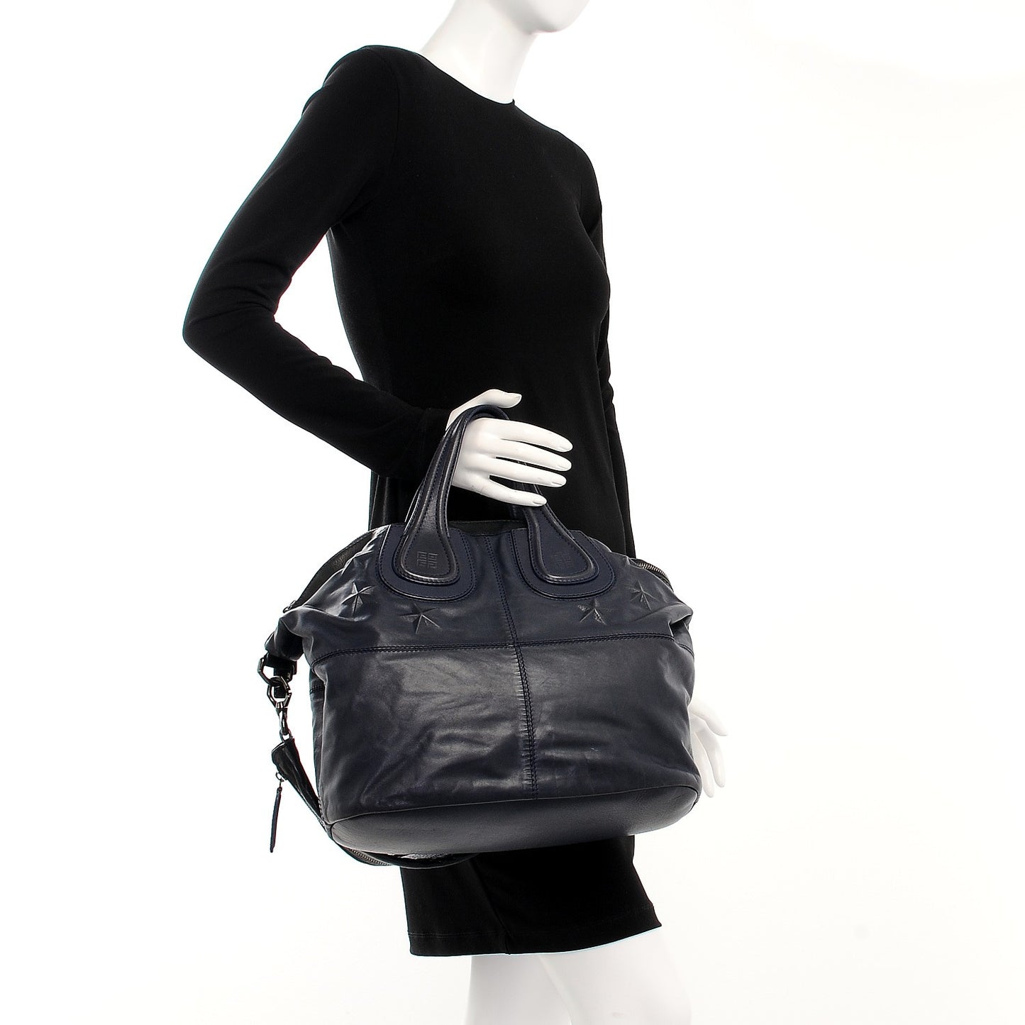 Calfskin Star Embossed Studded Medium Nightingale Navy