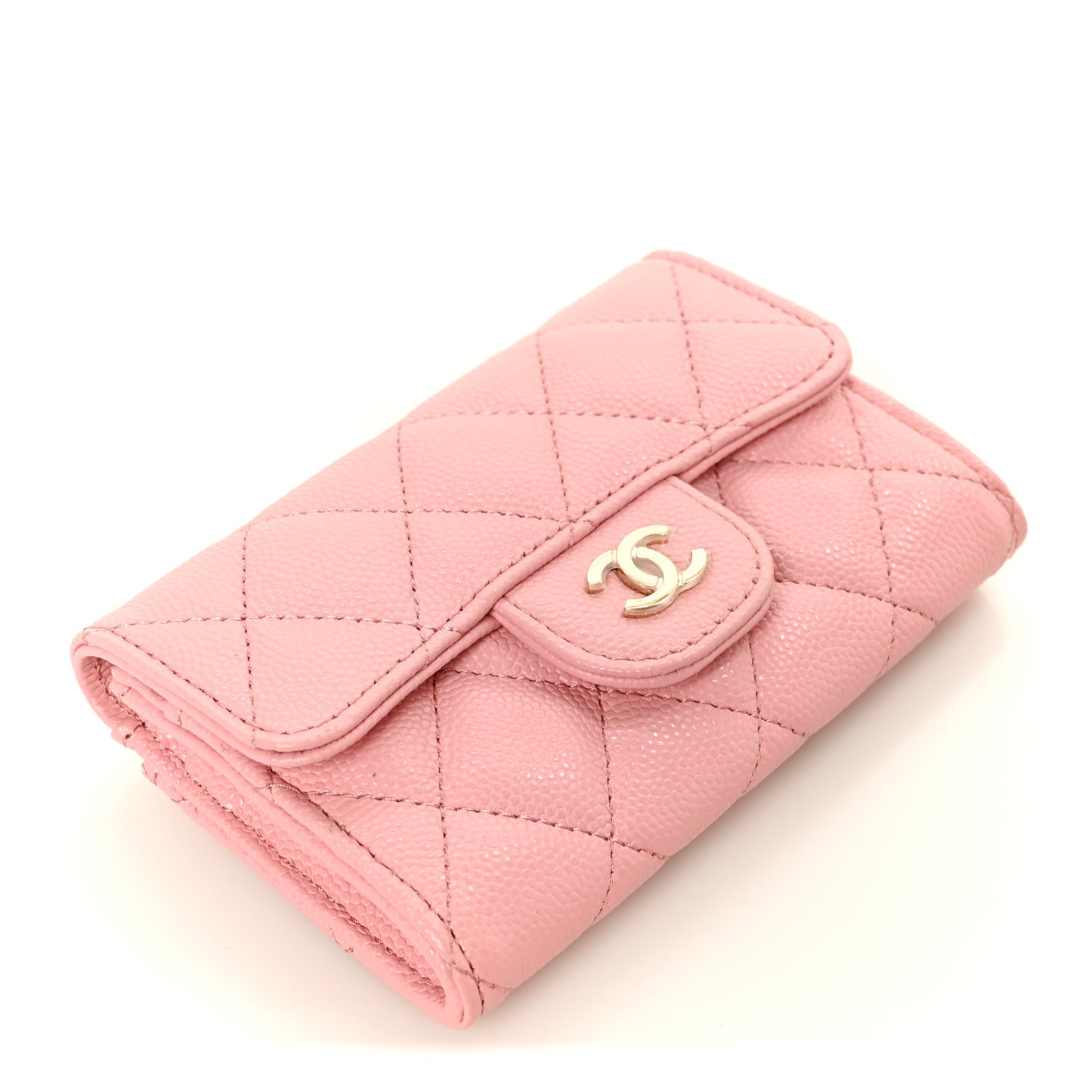 Caviar Quilted Flap Card Holder Wallet Pink