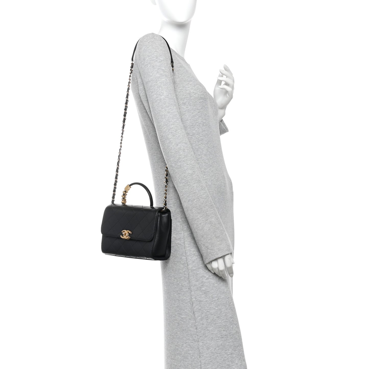 Lambskin Stitched Pearl Logo Top Handle Flap Black Black