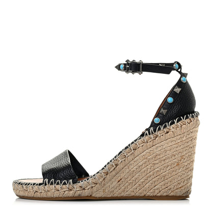 Valentino Garavani Grained Calfskin Rockstud Rolling Ankle Strap Espadrille Wedge Sandals 41 Black 1 of 8