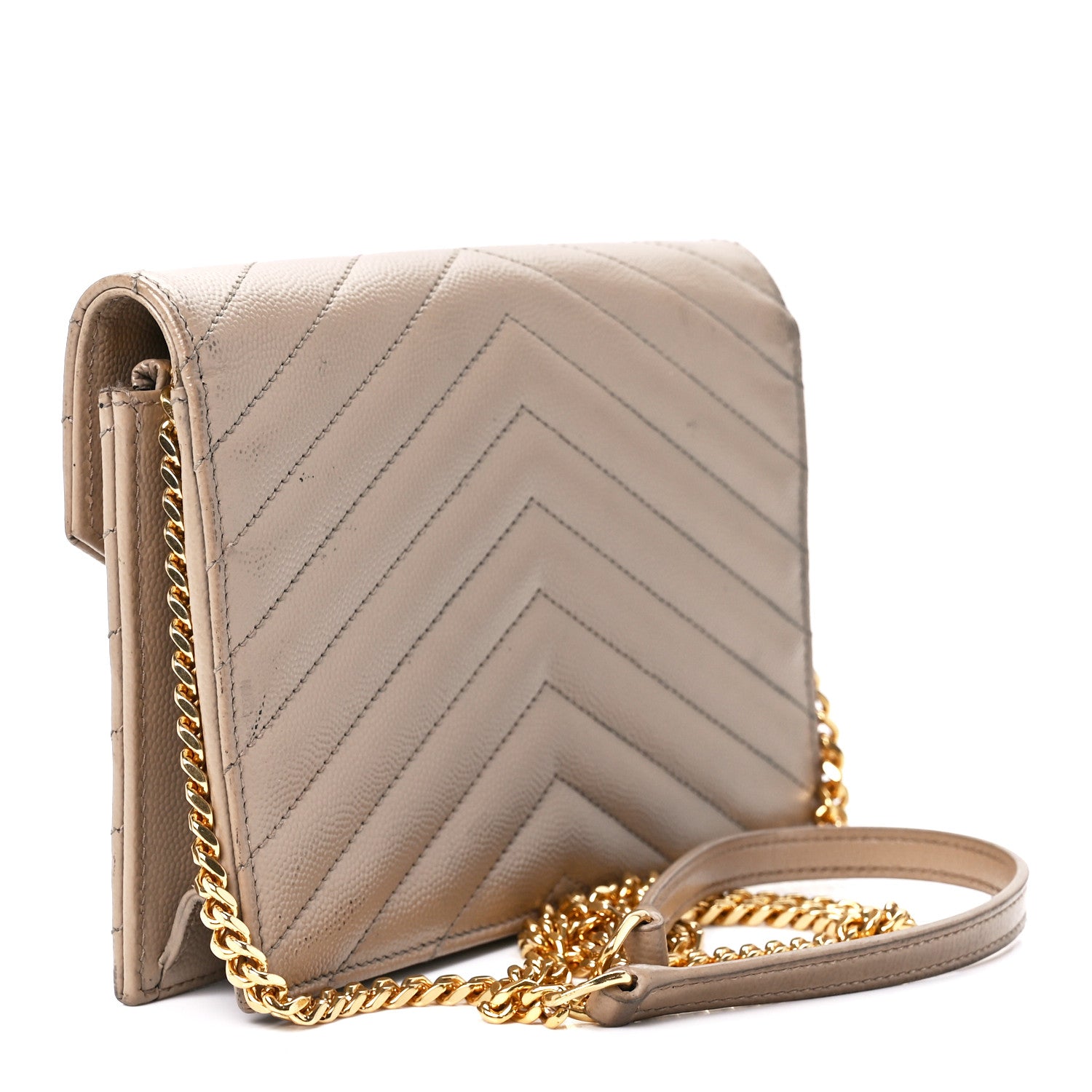 Saint Laurent Grain De Poudre Matelasse Chevron Monogram Envelope Chain Wallet Dark Beige 3 of 13