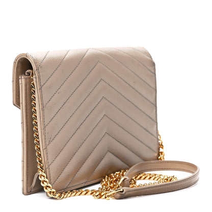 Saint Laurent Grain De Poudre Matelasse Chevron Monogram Envelope Chain Wallet Dark Beige 3 of 13