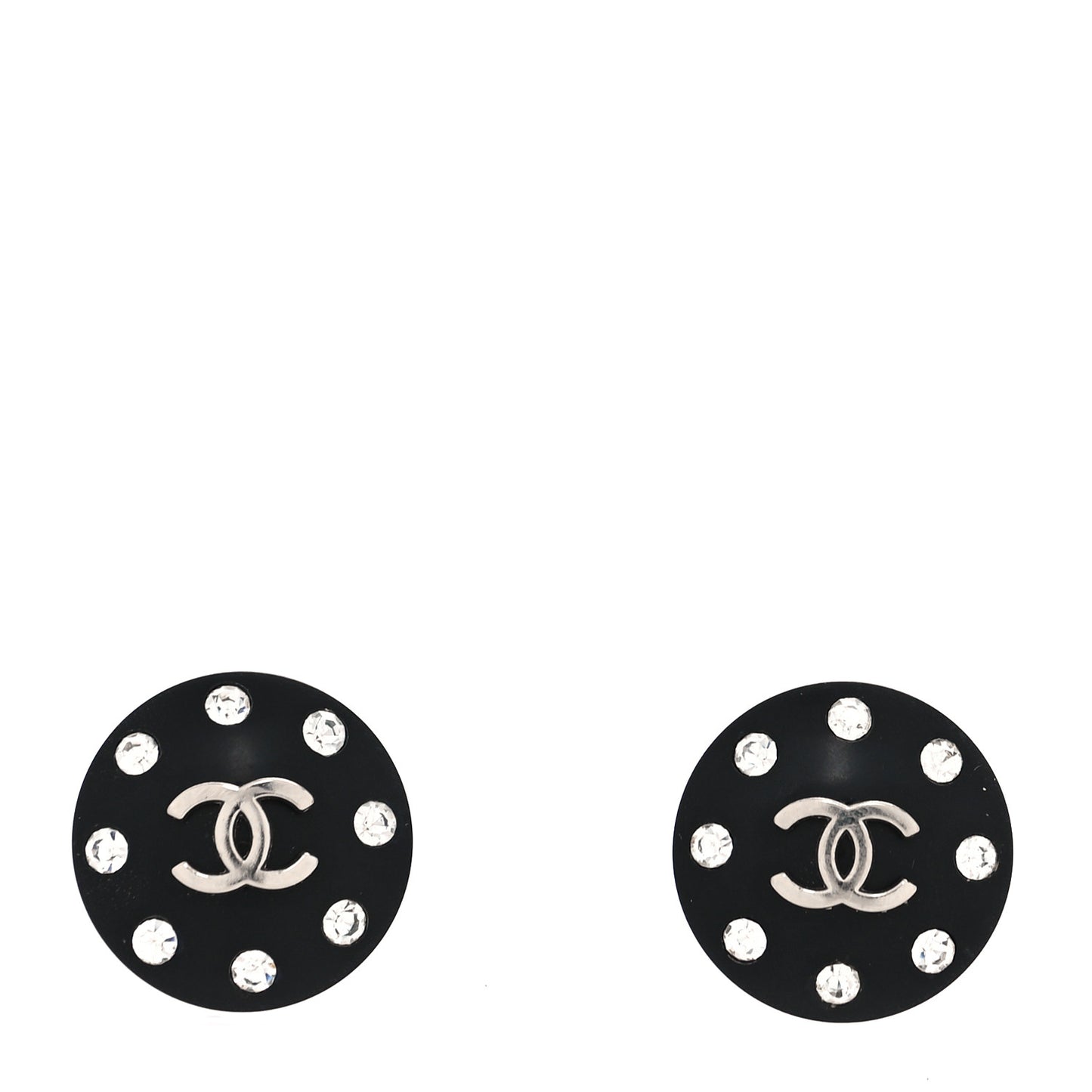 Resin Metal Crystal Studded CC Round Clip On Earrings Black Silver