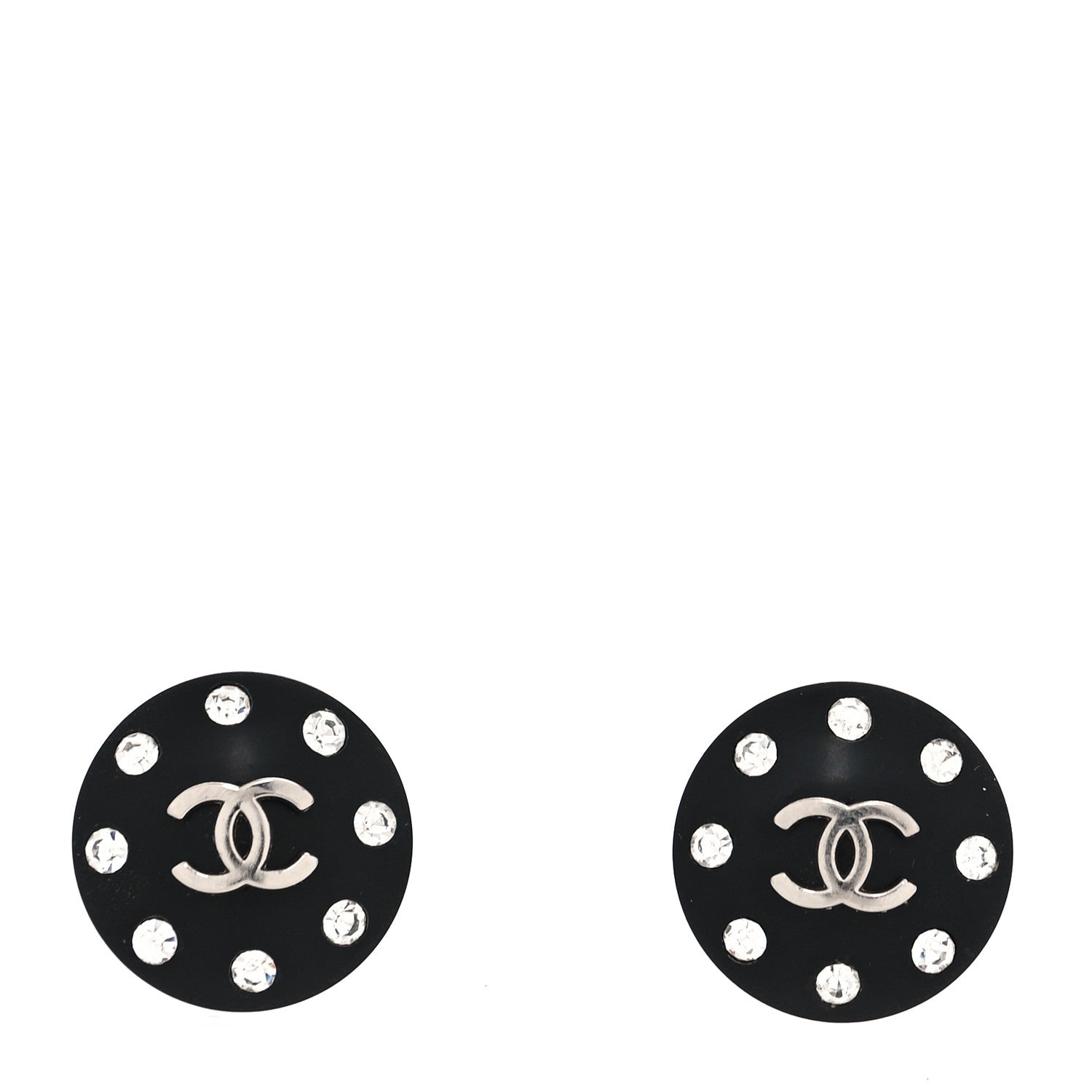 Chanel Resin Metal Crystal Studded CC Round Clip On Earrings Black Silver 1 of 4
