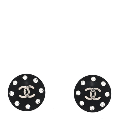 Chanel Resin Metal Crystal Studded CC Round Clip On Earrings Black Silver 1 of 4