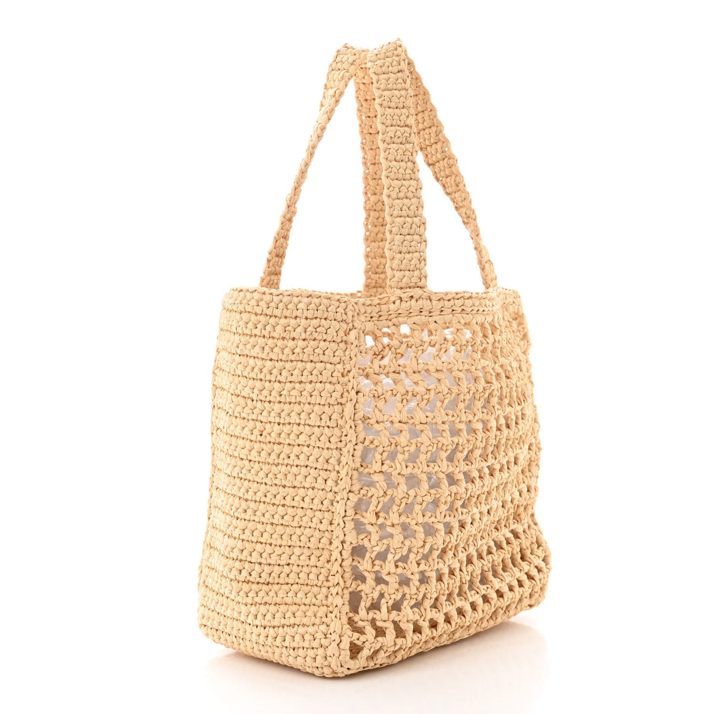Yarn Raffia Effect Crochet Logo Embroidered Small Tote Bag Naturale