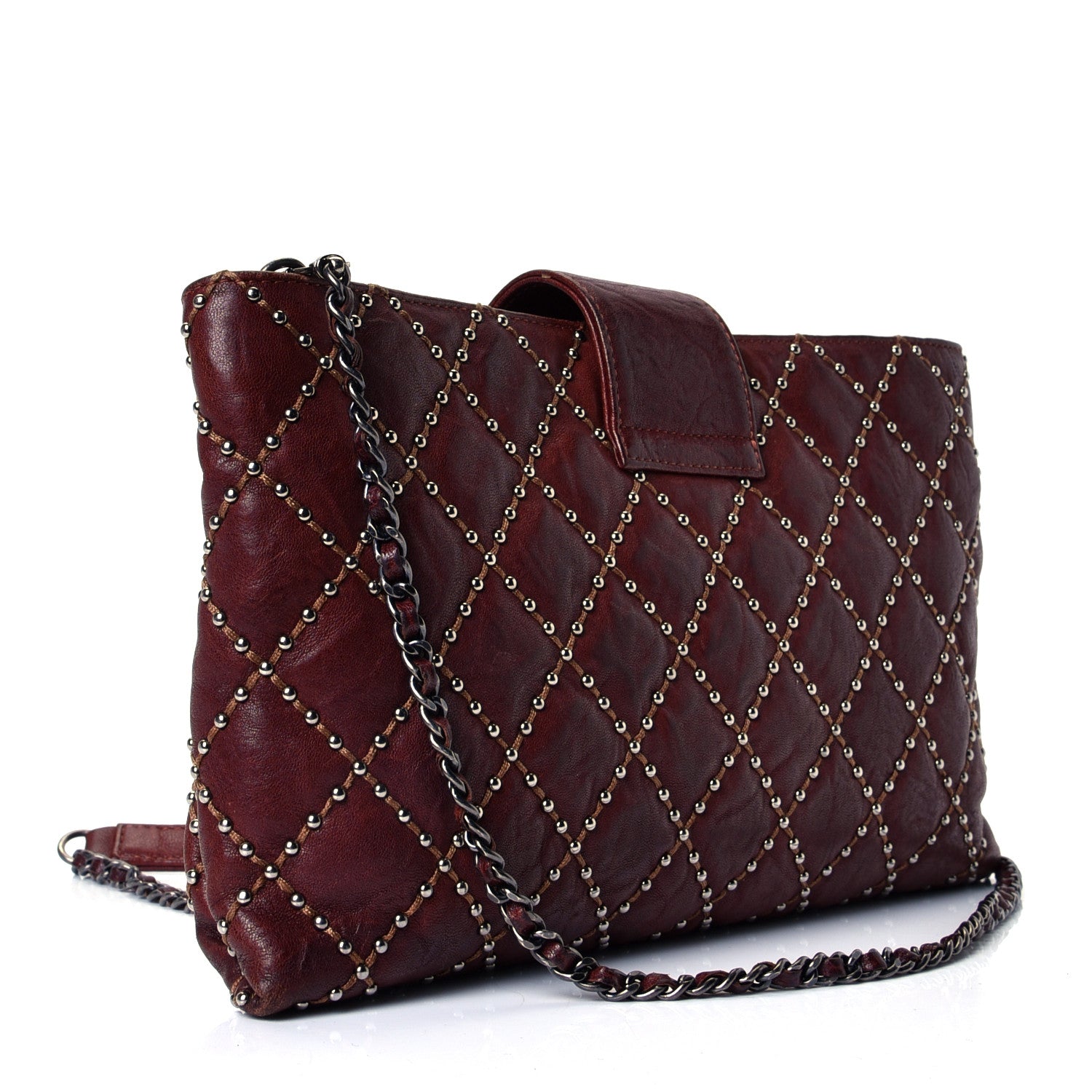 Chanel Crumpled Lambskin Studded Paris Dallas Clutch With Chain Brown 2 of 4