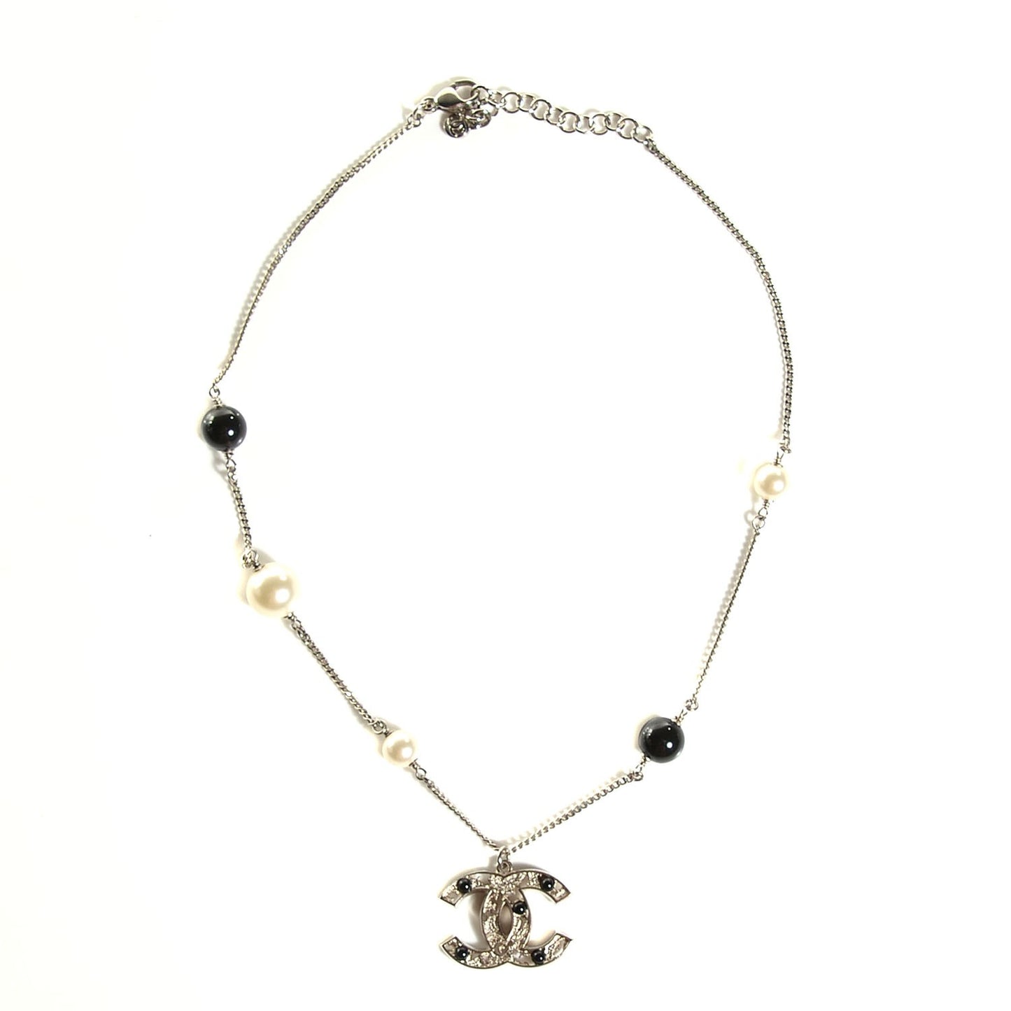 Pearl Beaded CC Necklace Black Silver