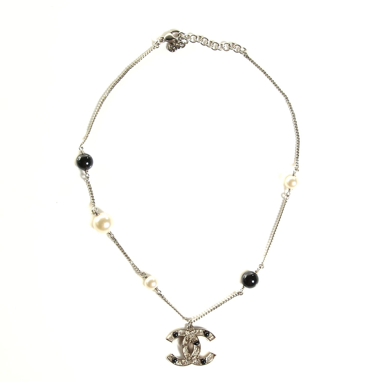 Chanel Pearl Beaded CC Necklace Black Silver 3 of 5