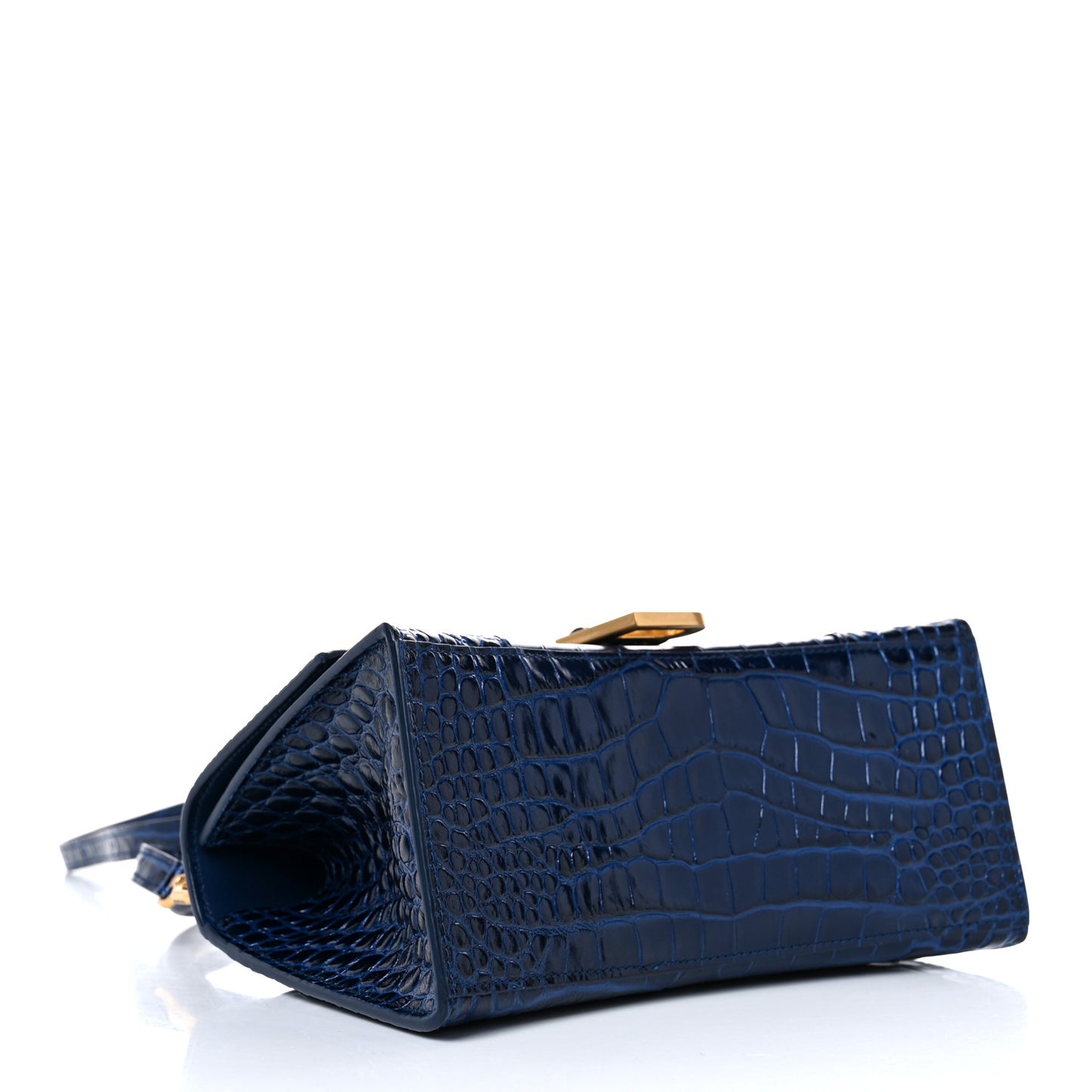 Shiny Calfskin Crocodile Embossed Small Hourglass Top Handle Bag Navy