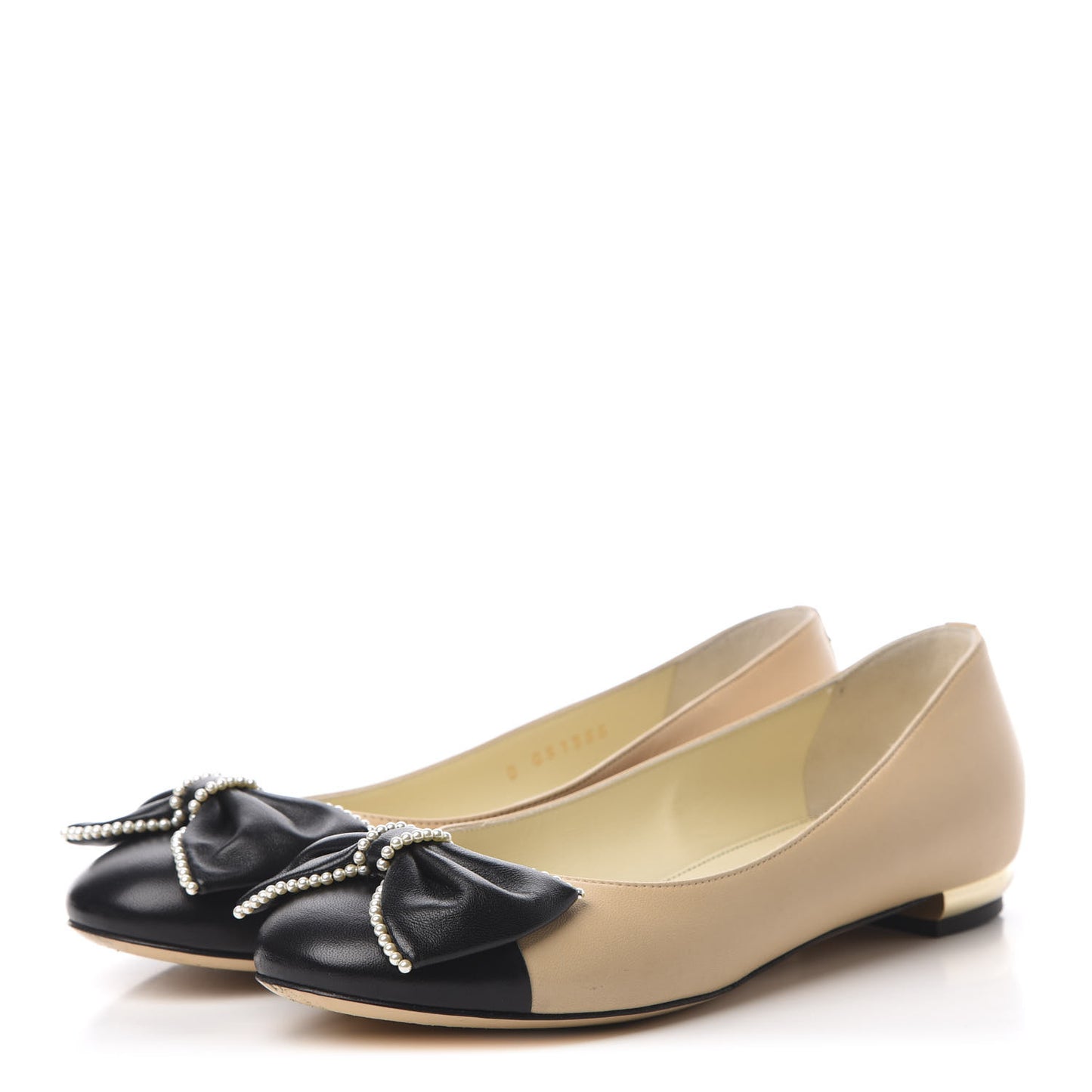 Lambskin Pearl Bow Ballerina Flats 37 Beige Black
