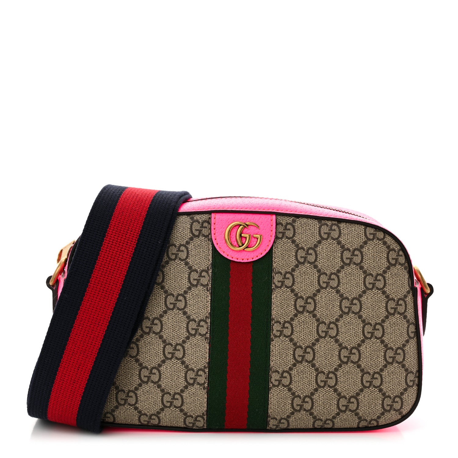 Gucci GG Supreme Monogram Textured Dollar Calfskin Web Ophidia Small Crossbody Bag Beige Ebony Fuchsia 1 of 11