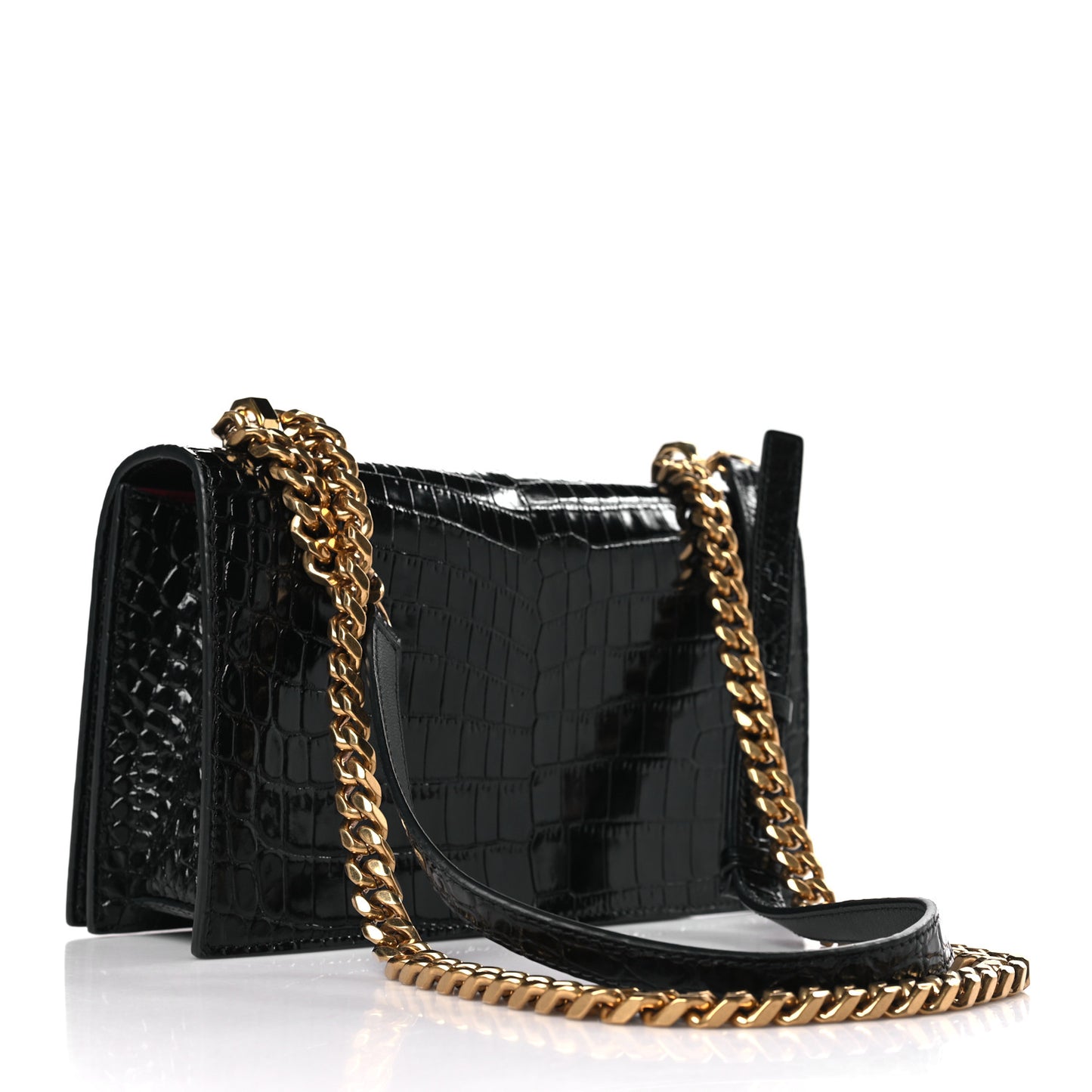 Shiny Calfskin Crocodile Embossed Knuckle Jeweled Crossbody Black