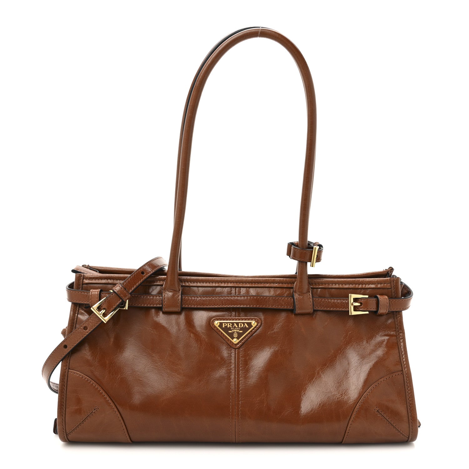 Prada Glossy Calfskin Triangle Medium Bonnie Shoulder Bag Palisander 1 of 9