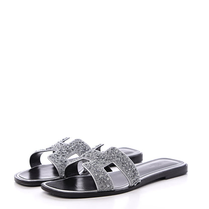 Hermes Suede Goatskin Crystal Oran Sandals 39.5 Gris Argente 3 of 10