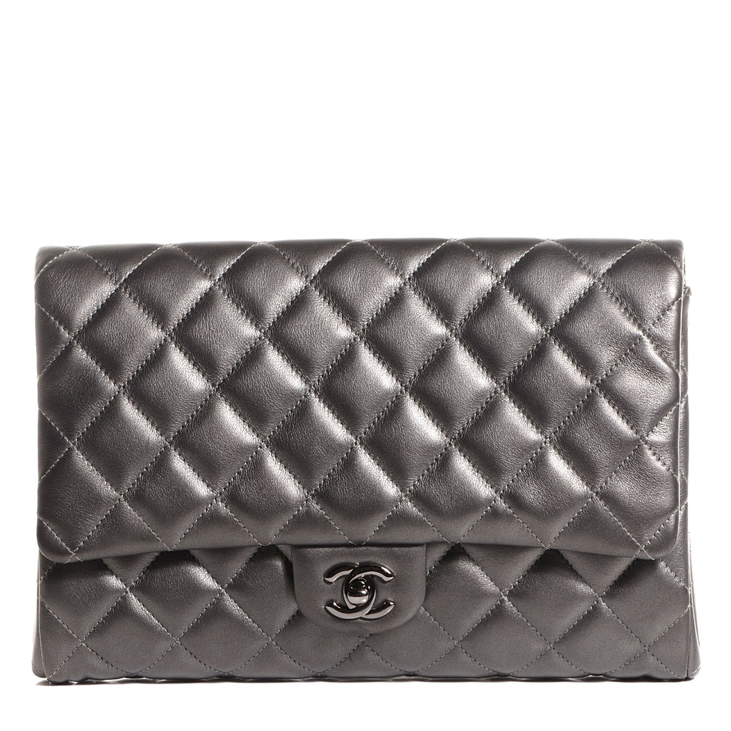 Metallic Lambskin Quilted Clutch With Chain Flap Dark Grey