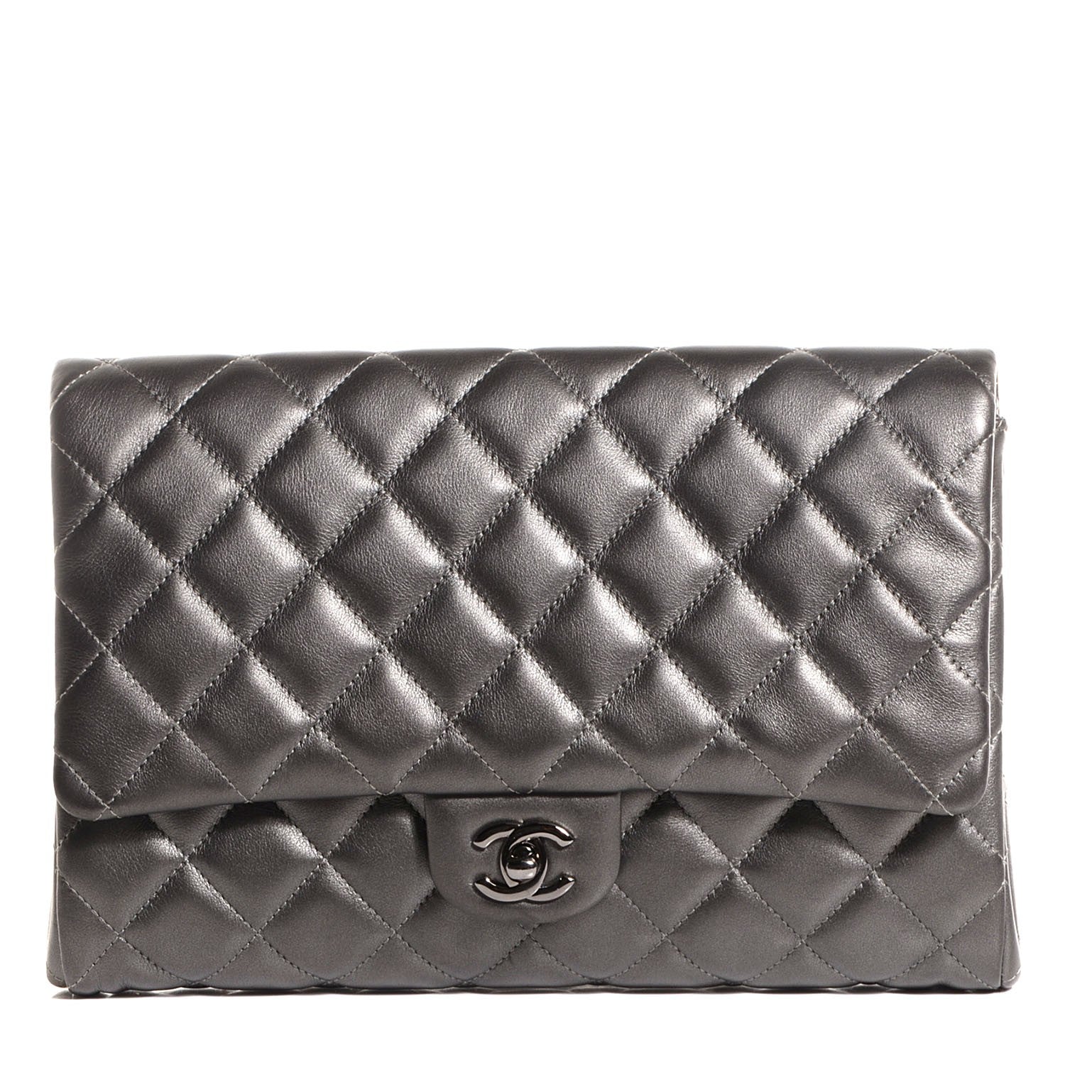 Chanel Metallic Lambskin Quilted Clutch With Chain Flap Dark Grey 1 of 8