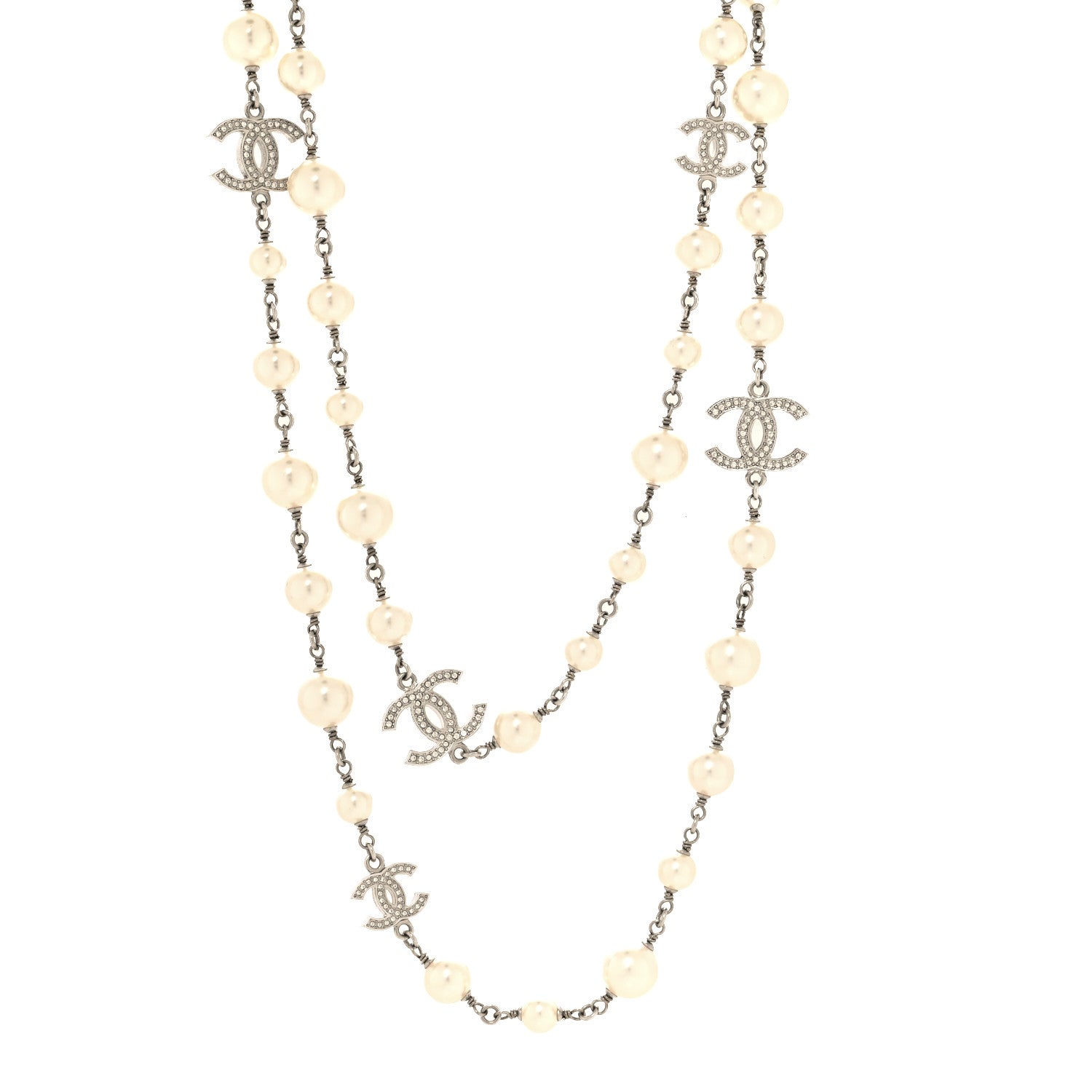 Chanel Graduated Pearl Crystal CC Long Necklace Silver 1 of 5