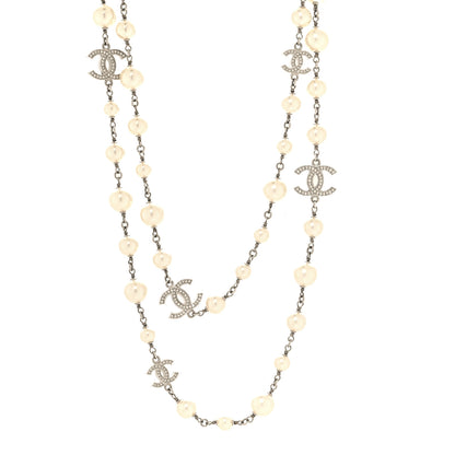 Chanel Graduated Pearl Crystal CC Long Necklace Silver 1 of 5