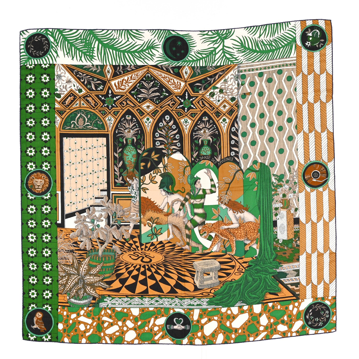 Hermes Cashmere Silk La Danse Des Amazones Shawl 140 Vert Noisette
