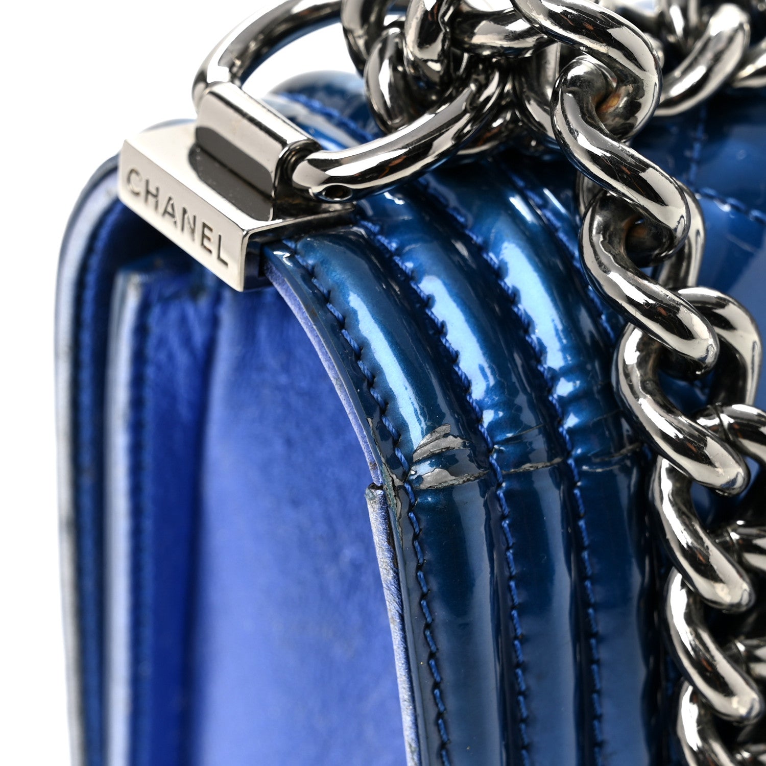 Chanel Metallic Patent Quilted Medium Boy Flap Blue 11 of 15