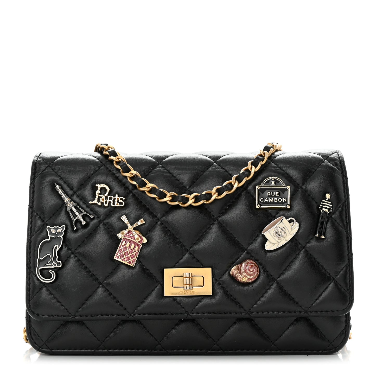 Aged Calfskin Quilted Lucky Charms 2.55 Reissue Wallet On Chain WOC Black