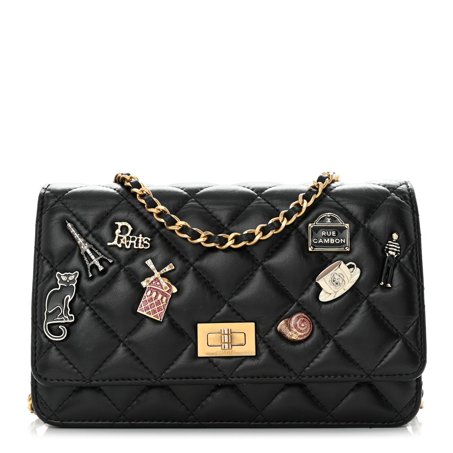 Chanel Aged Calfskin Quilted Lucky Charms 2.55 Reissue Wallet On Chain WOC Black 1 of 15