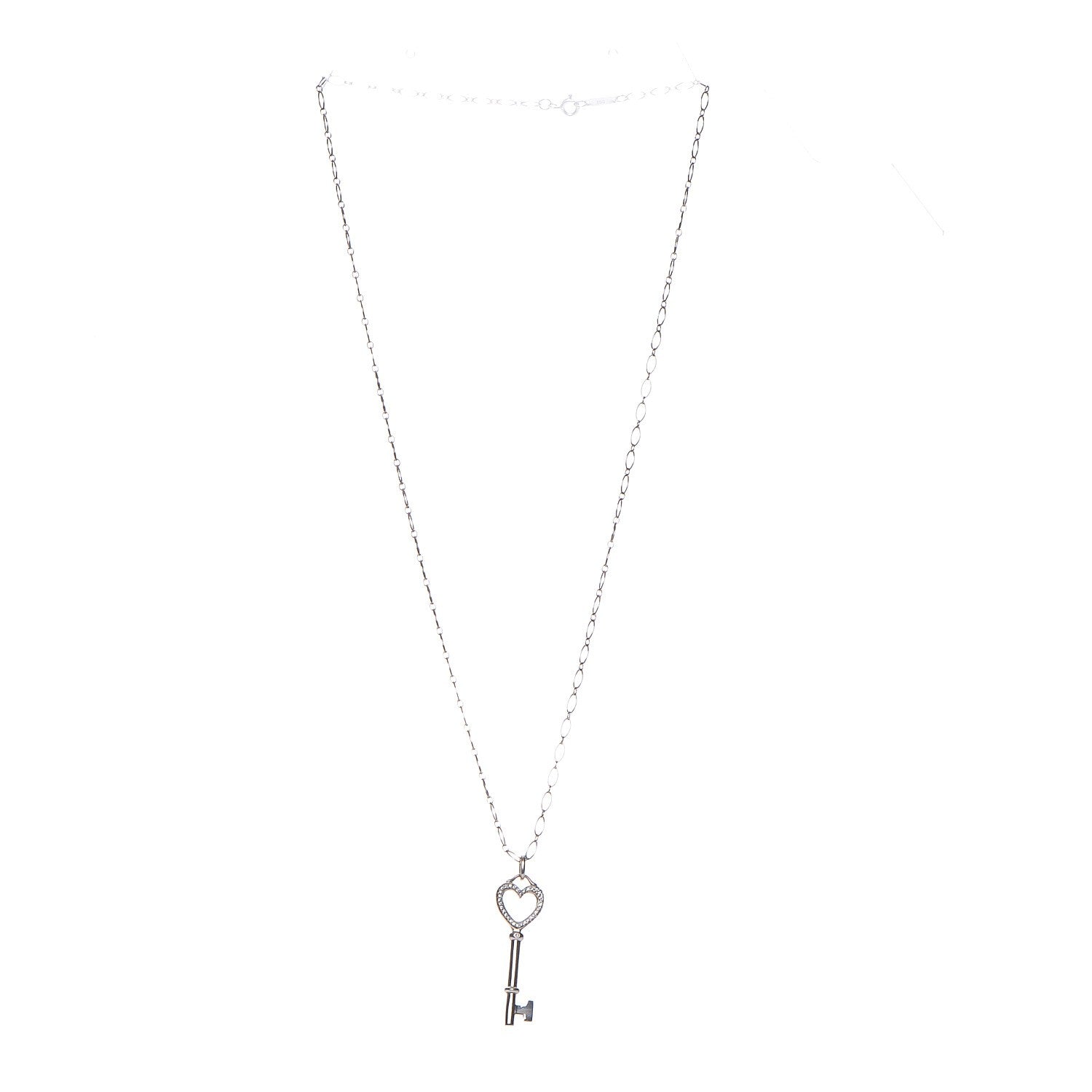 Tiffany 18K White Gold Diamond Mini Heart Key Charm Pendant Link Necklace 4 of 10