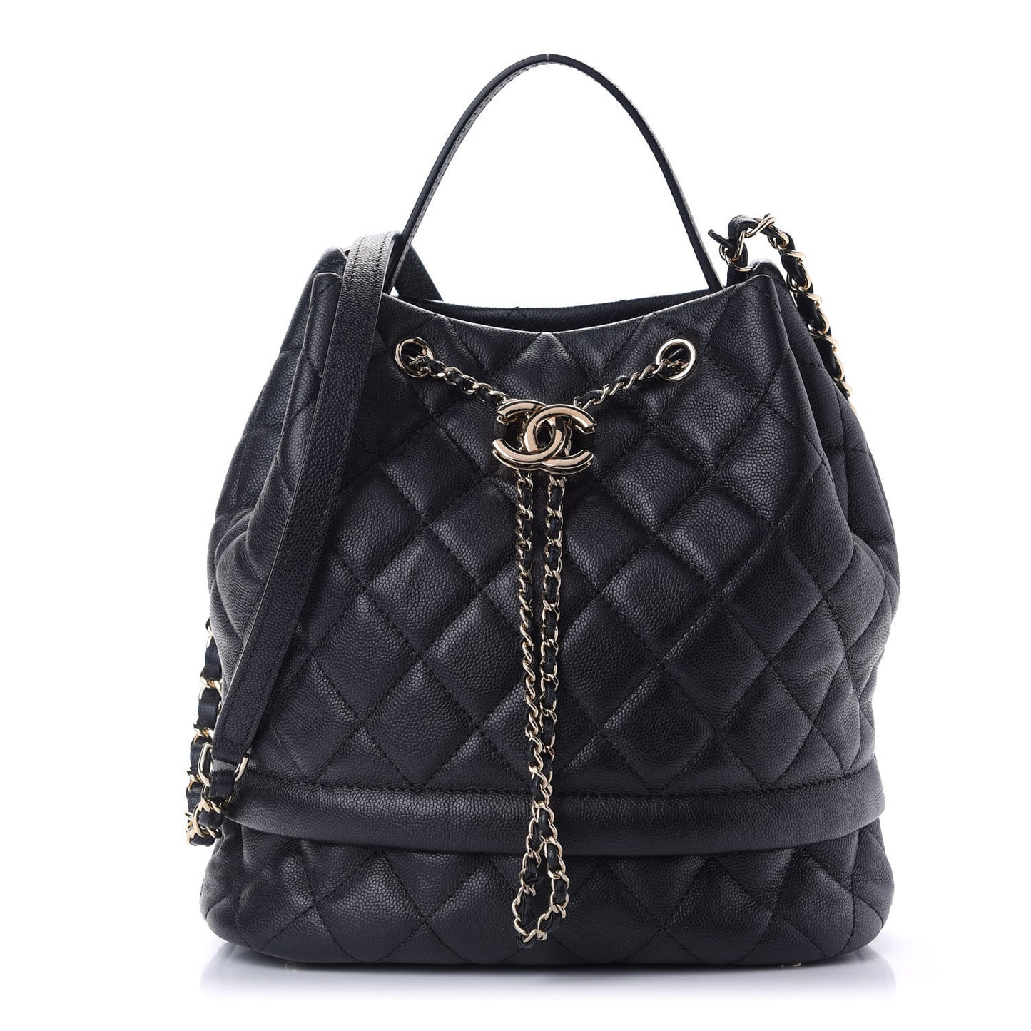 Caviar Quilted Large Rolled Up Bucket Drawstring Bag Black