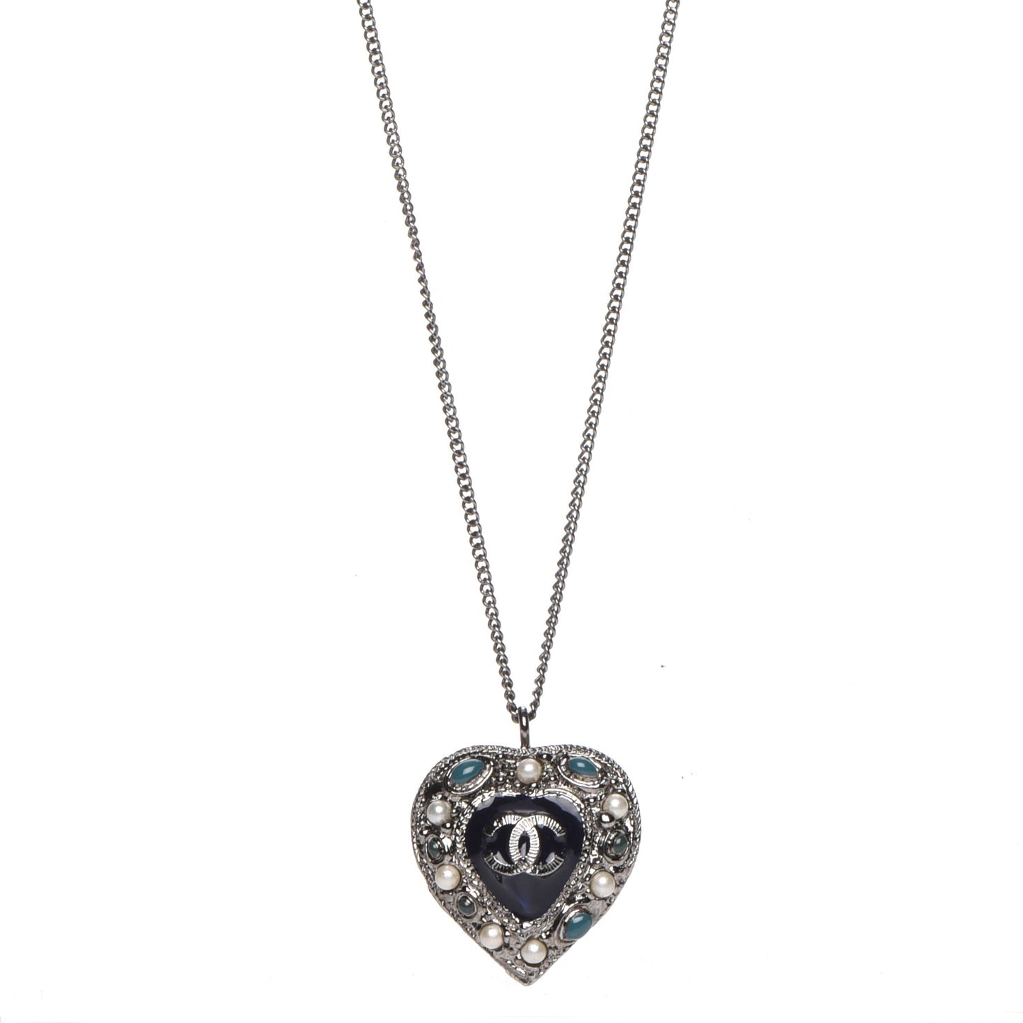 Pearl Enamel Heart CC Necklace Pendant Silver