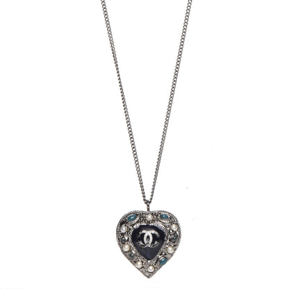 Chanel Pearl Enamel Heart CC Necklace Pendant Silver 1 of 6