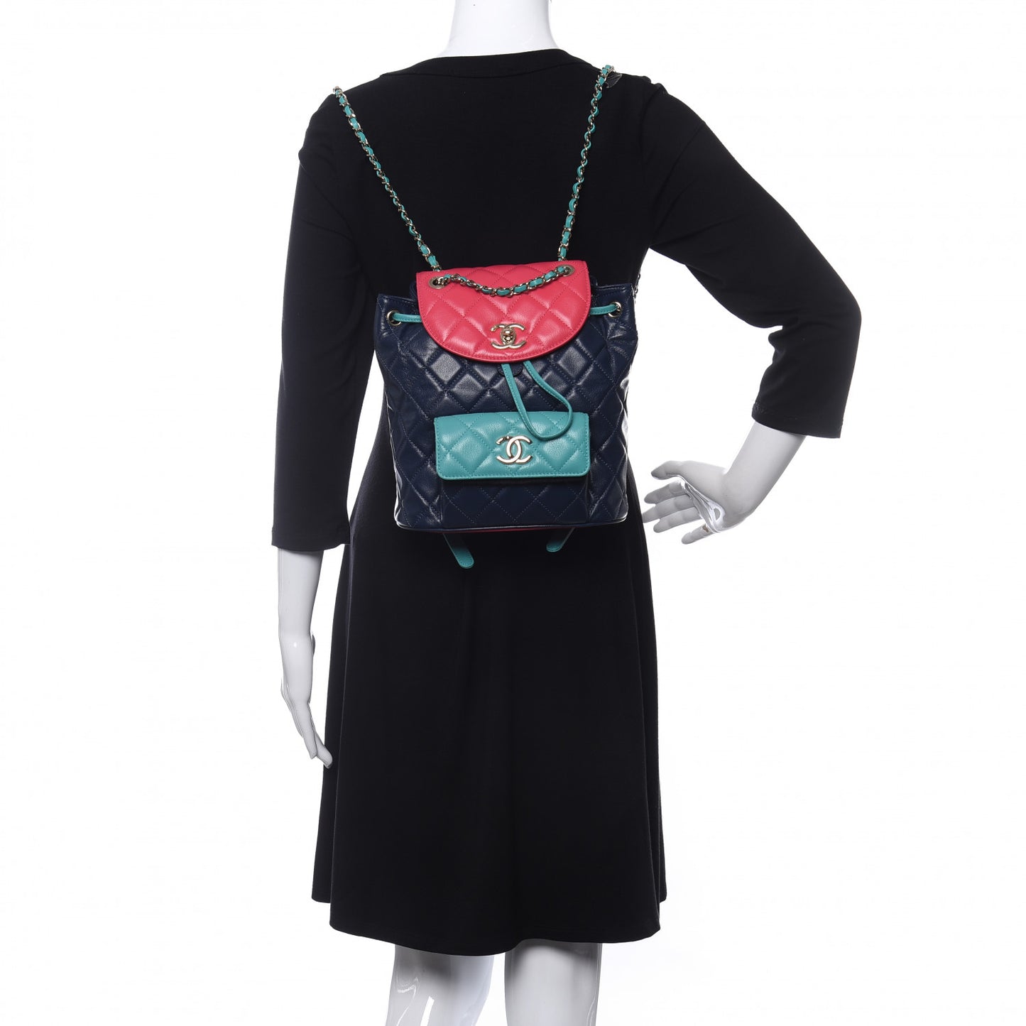 Goatskin Quilted Duma Drawstring Backpack Navy Turquoise Pink