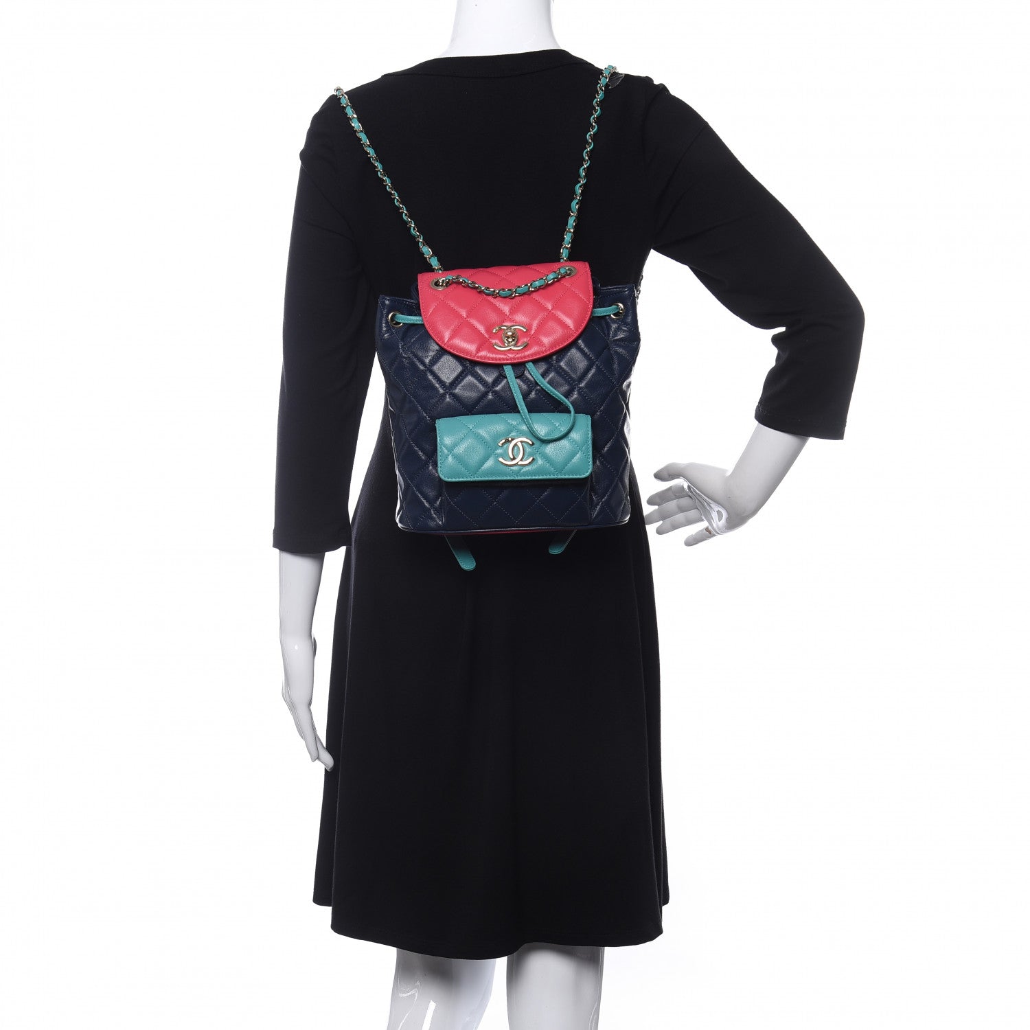 Chanel Goatskin Quilted Duma Drawstring Backpack Navy Turquoise Pink 2 of 10