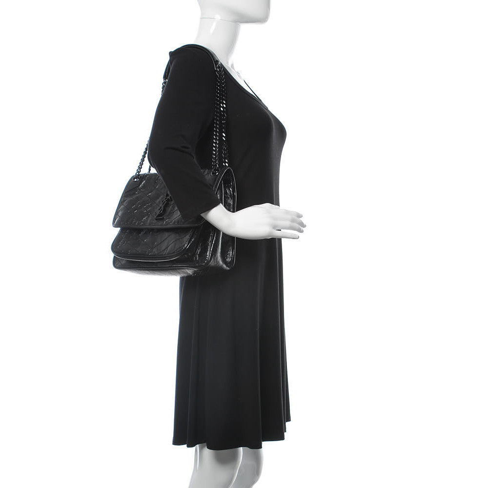 Saint Laurent Crinkled Calfskin Matelasse Monogram Medium Niki Chain Satchel Black 3 of 12