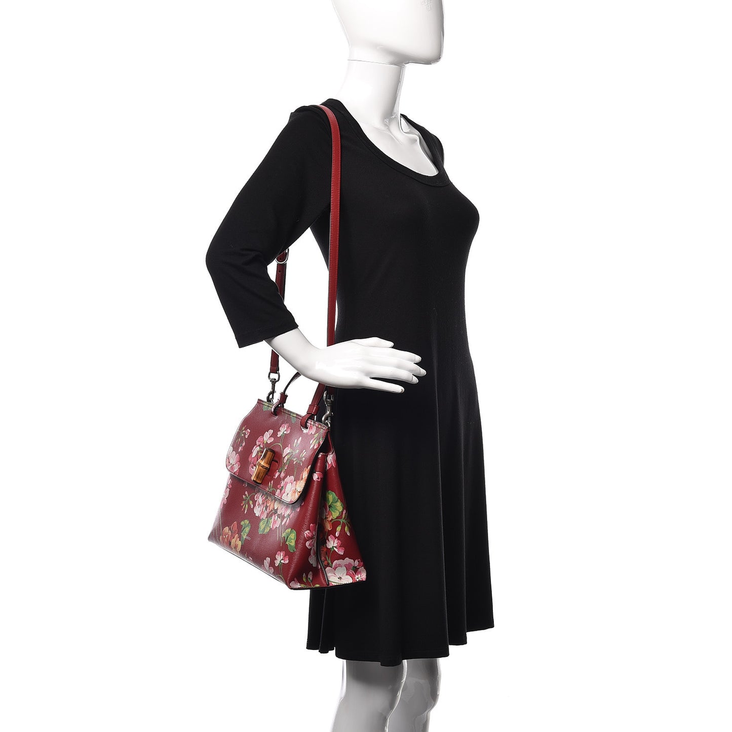 Shangai Calfskin Blooms Print Medium Bamboo Daily Top Handle Bag Romantic Cerise Multicolor