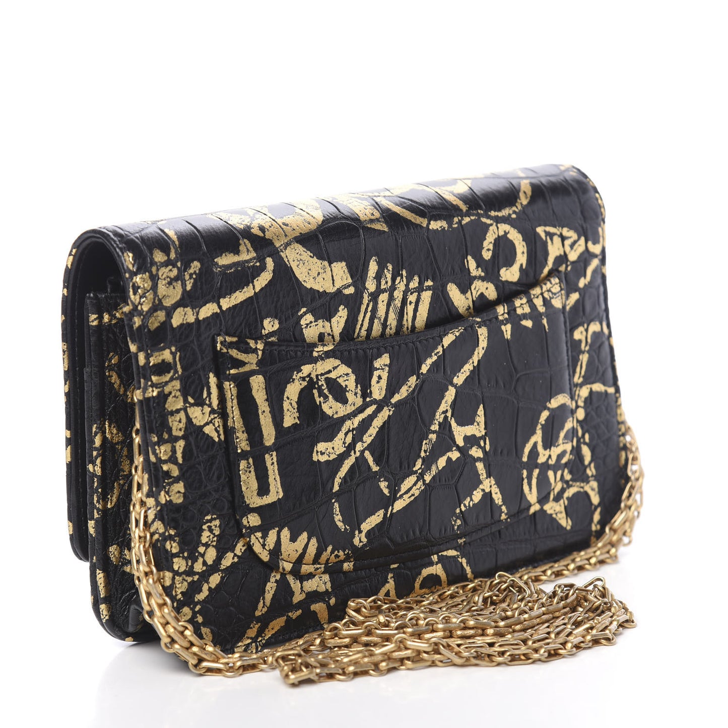 Calfskin Crocodile Embossed Graffiti 2.55 Cocodile Reissue Wallet On Chain WOC Black Gold