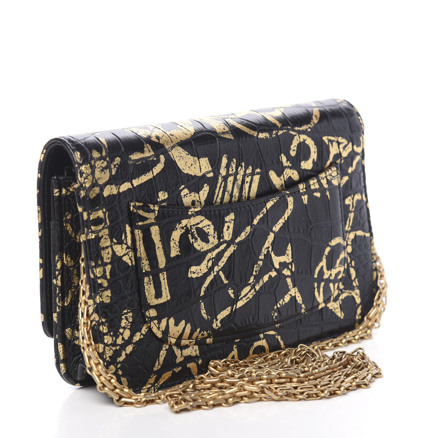 Chanel Calfskin Crocodile Embossed Graffiti 2.55 Cocodile Reissue Wallet On Chain WOC Black Gold 3 of 13