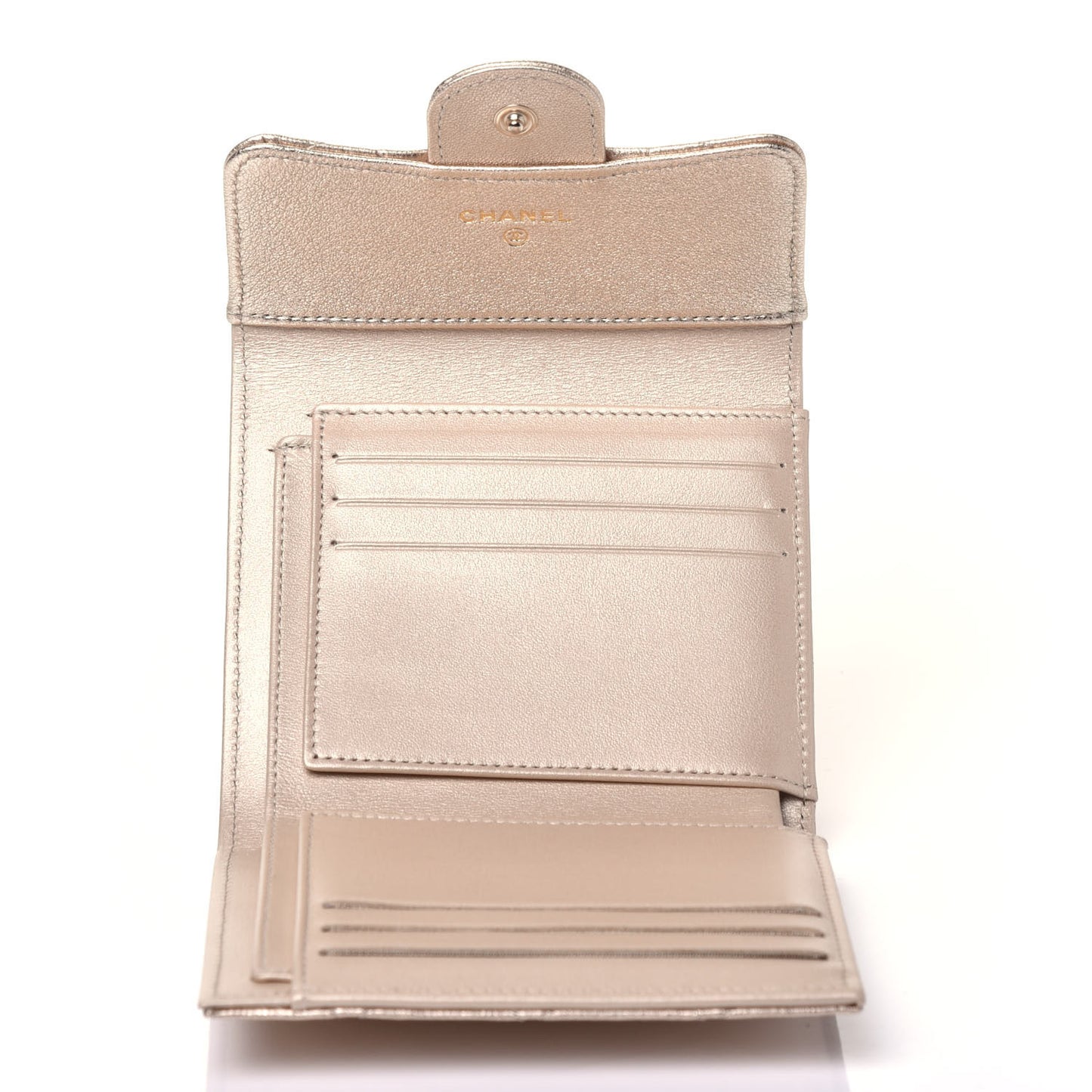 Metallic Lambskin Quilted Compact Flap Wallet Gold
