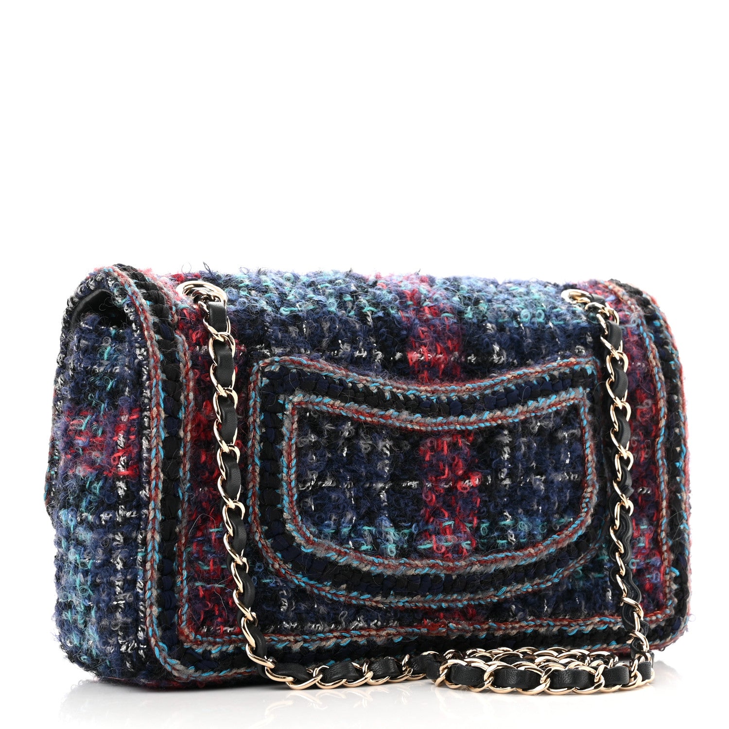 Chanel Tweed Braid Medium Flap Navy Green Red Grey 3 of 10