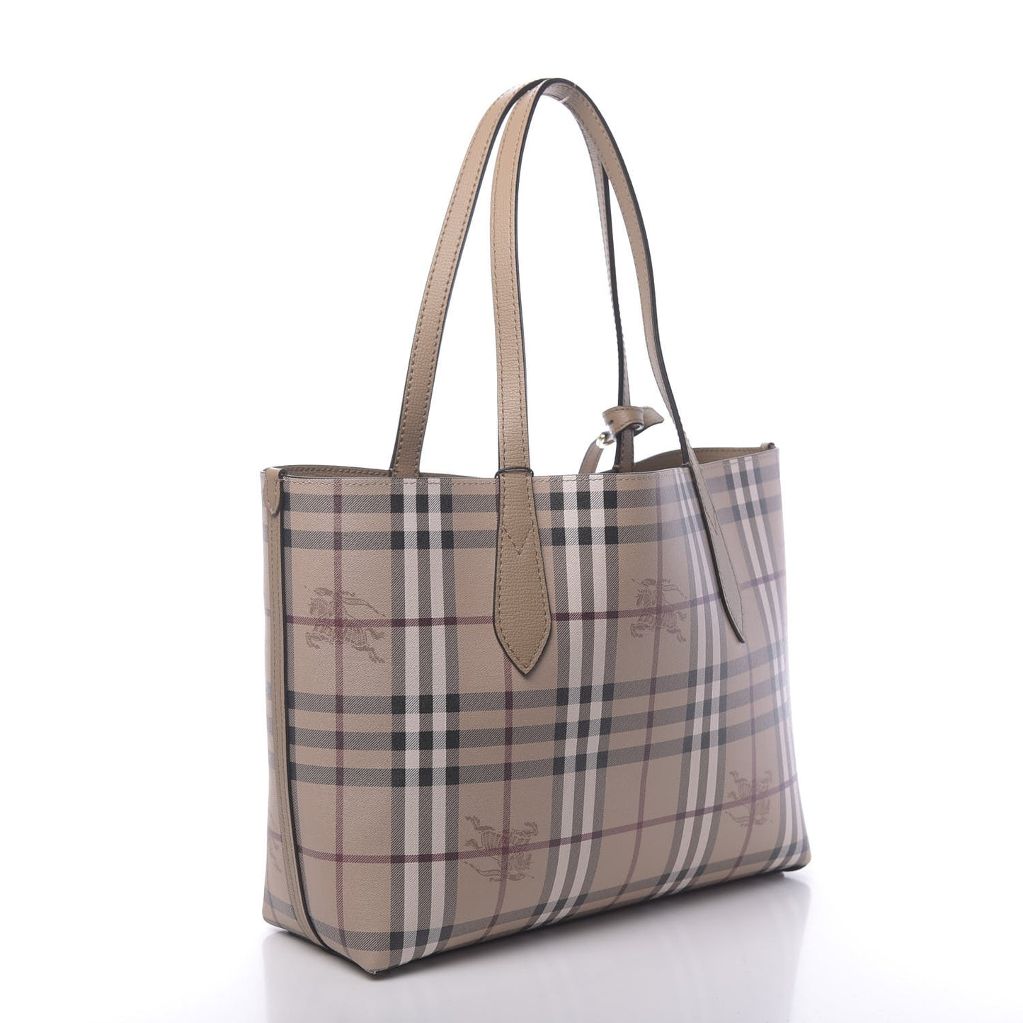 Grainy Calfskin Haymarket Check Small Reversible Tote Mid Camel
