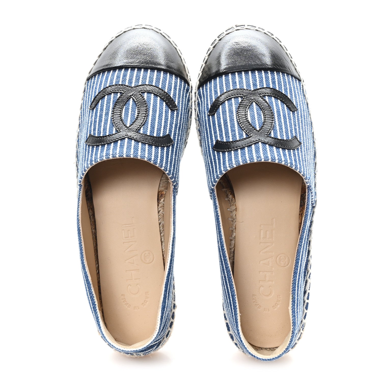 Chanel Canvas Striped Patent CC Espadrilles 35 Navy Black 1809745