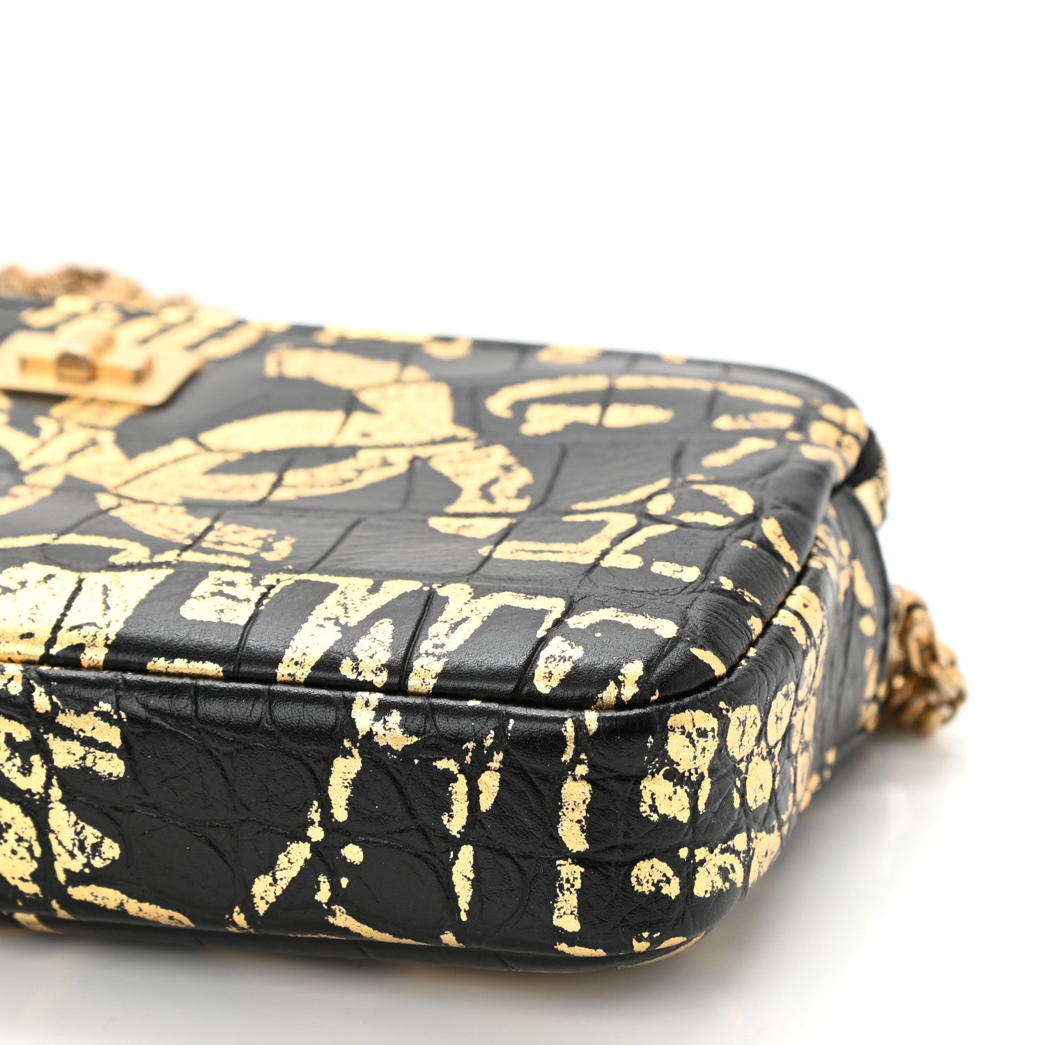 Chanel Calfskin Crocodile Embossed Graffiti 2.55 Cocodile Reissue Clutch With Chain Black Gold 9 of 10
