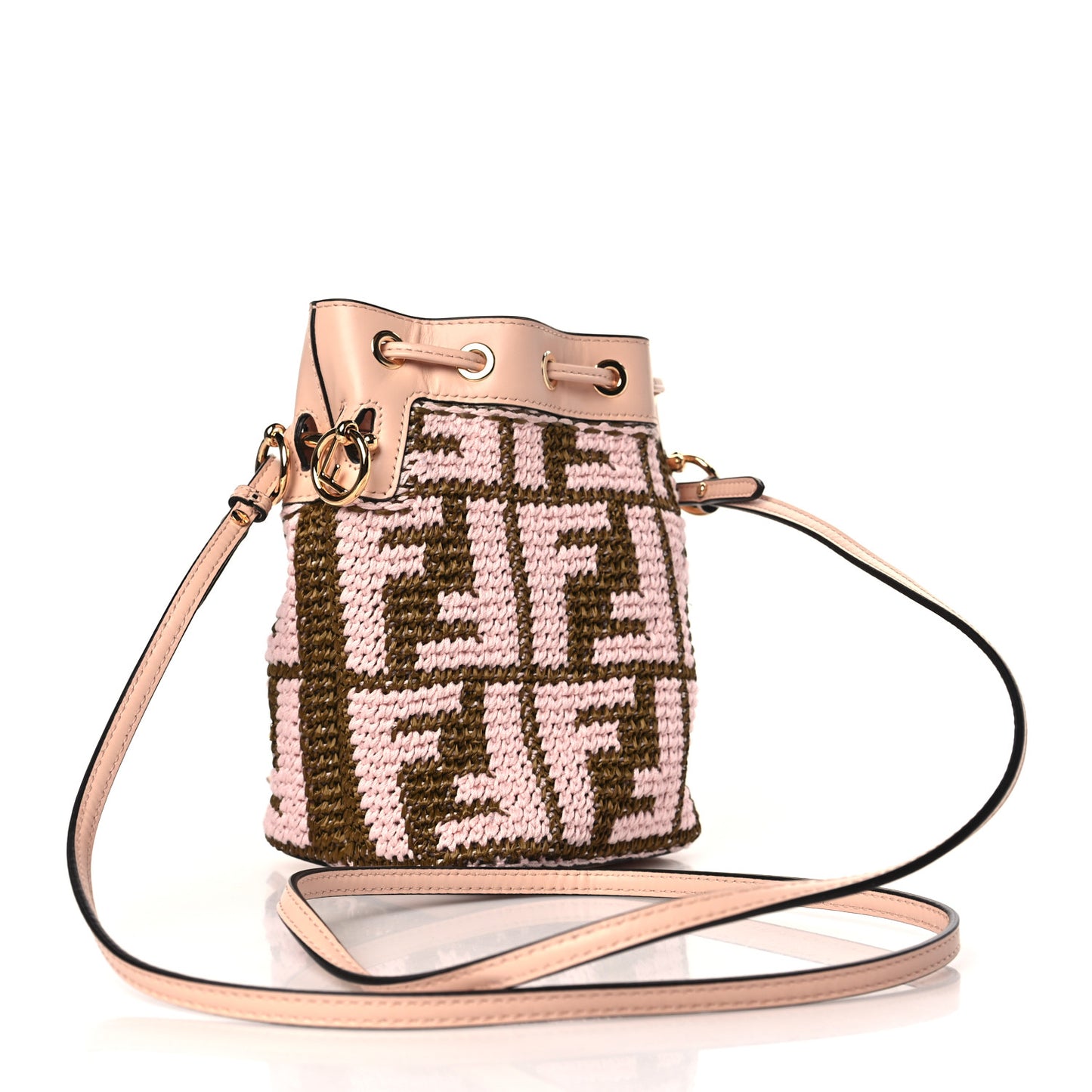 Raffia Vitello King F is Fendi FF Crochet Mini Mon Tresor Bucket Bag Natural Light Rose