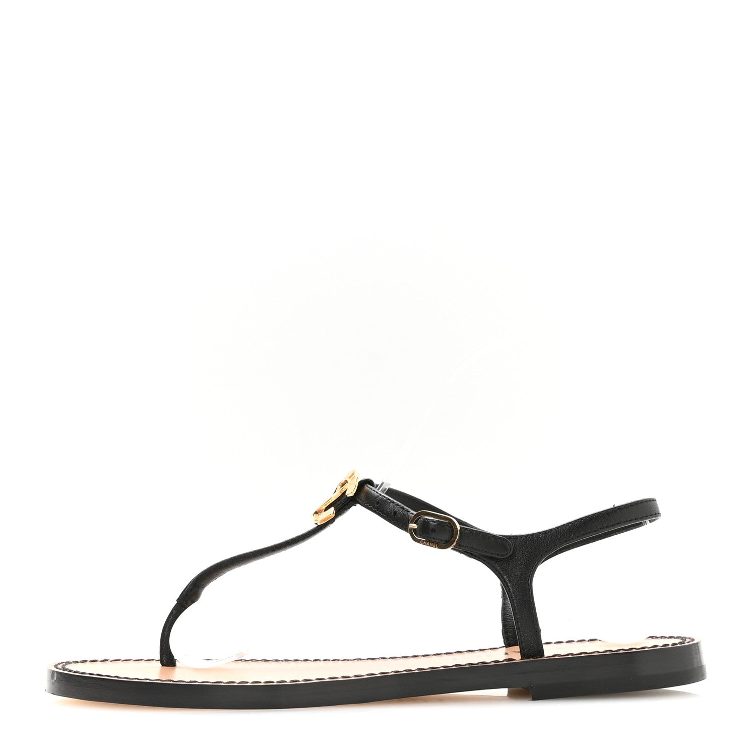 Chanel Lambskin CC Thong Sandals 36.5 Black Gold 1 of 8