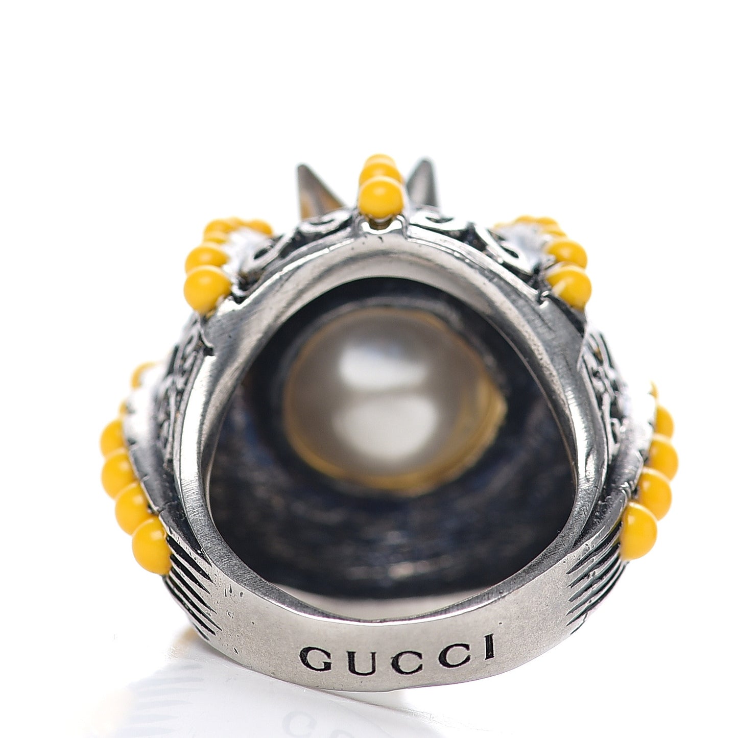 Pearl Beaded Spiked Ring 7.5 Silver Yellow