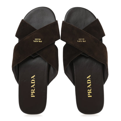 Prada Suede Crisscross Slide Sandals 38.5 Moro 2 of 8